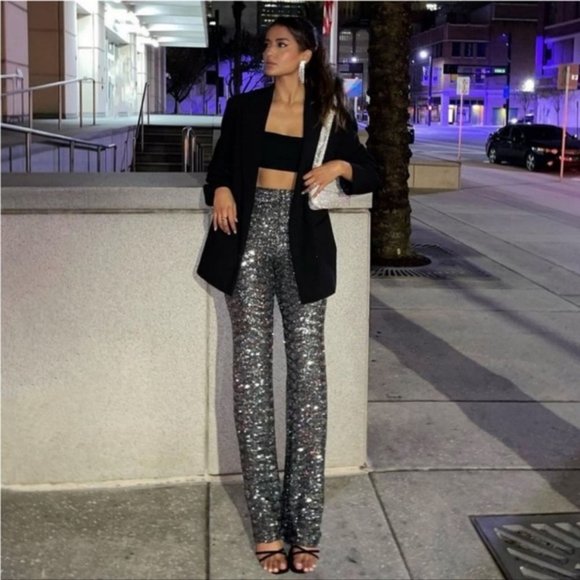 ZARA FLARED SEQUIN LEGGINGS - Picture 10 of 13